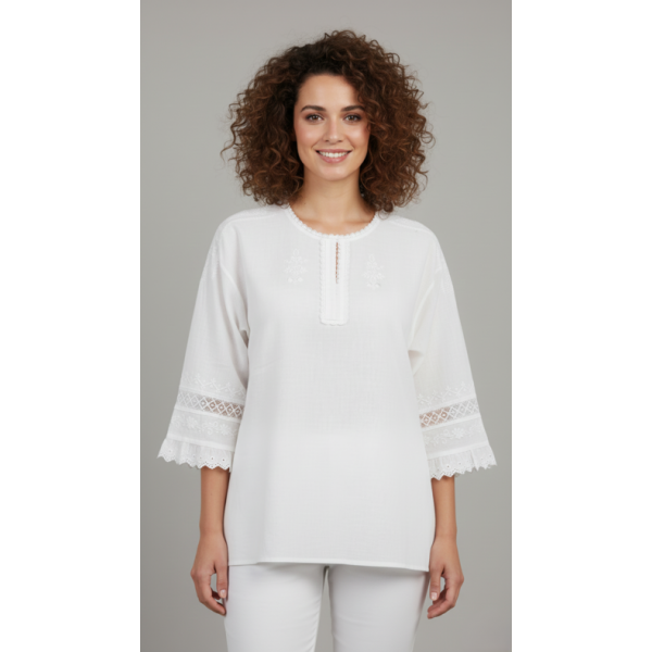 CAMISA LINHO BORDADO BRANCO C/ RENDA MANGA 3/4