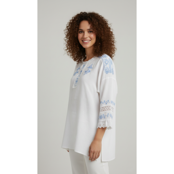 CAMISA LINHO BORDADO AZUL CLARO C/ RENDA MANGA 3/4