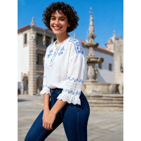 CAMISA LINHO BORDADO AZUL CLARO C/ RENDA MANGA 3/4