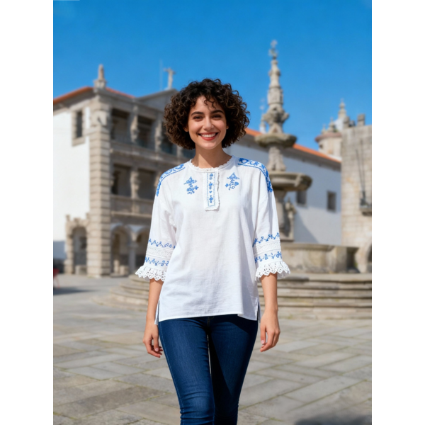 CAMISA LINHO BORDADO AZUL CLARO C/ RENDA MANGA 3/4