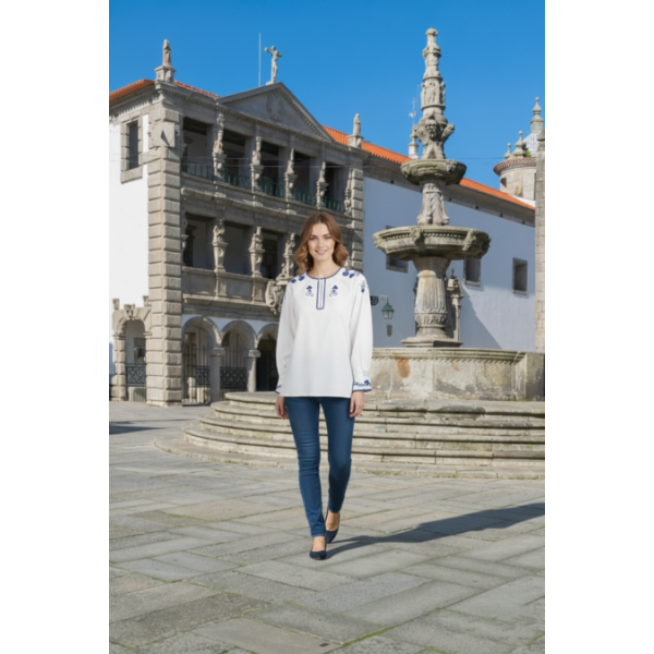 CAMISA VIANESA ALGODÃO BORDADO AZUL