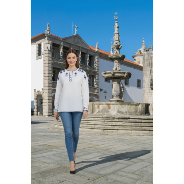 CAMISA VIANESA ALGODÃO BORDADO RICO AZUL