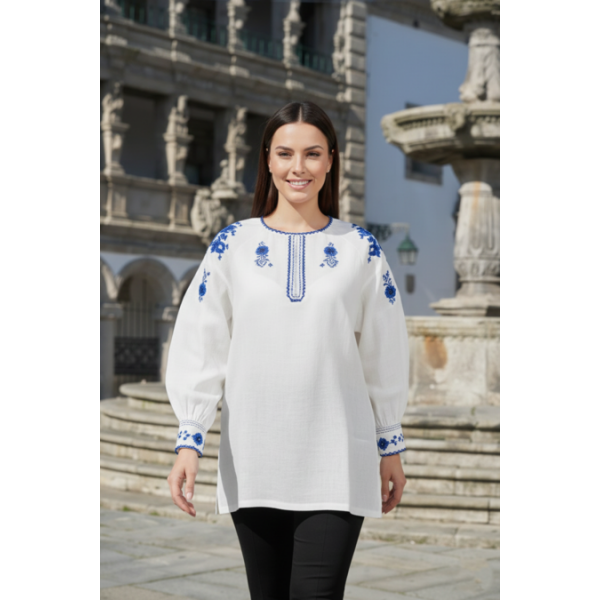 CAMISA VIANESA LINHO BORDADO AZUL