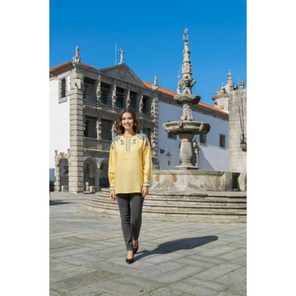 CAMISA VIANESA LINHO AMARELO BORDADO RICO CINZA ESCURO