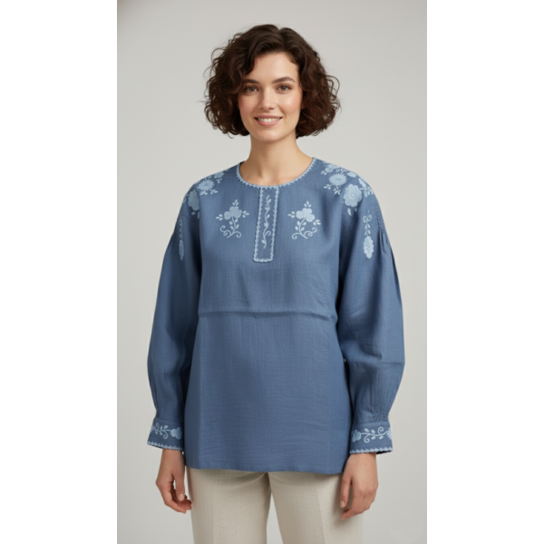 CAMISA VIANESA LINHO AZUL BORDADO AZUL CLARO