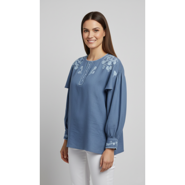 CAMISA VIANESA LINHO AZUL BORDADO RICO AZUL CLARO