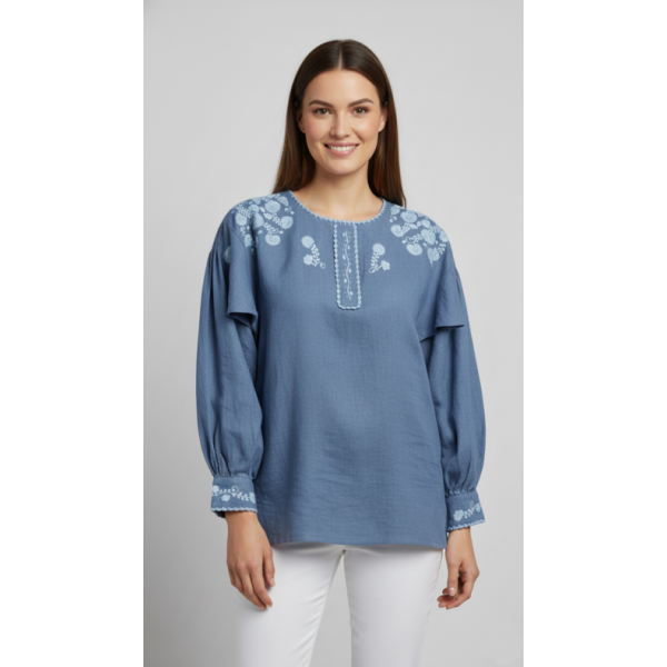 CAMISA VIANESA LINHO AZUL BORDADO RICO AZUL CLARO