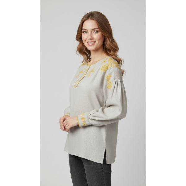 CAMISA VIANESA LINHO BEGE BORDADO DOURADO