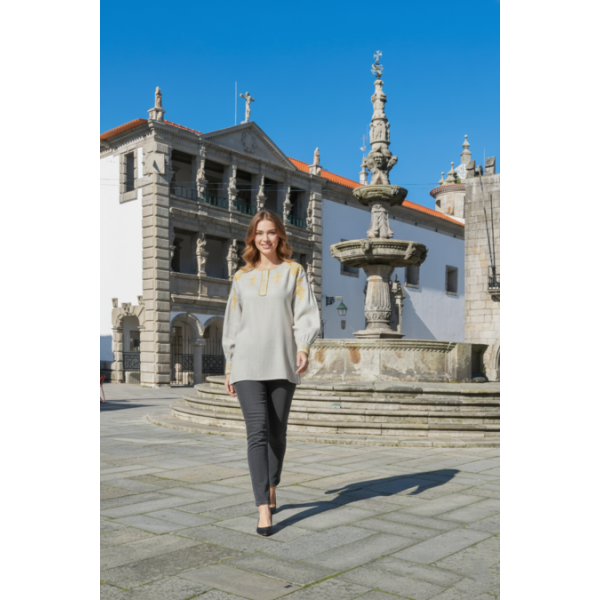 CAMISA VIANESA LINHO BEGE BORDADO DOURADO