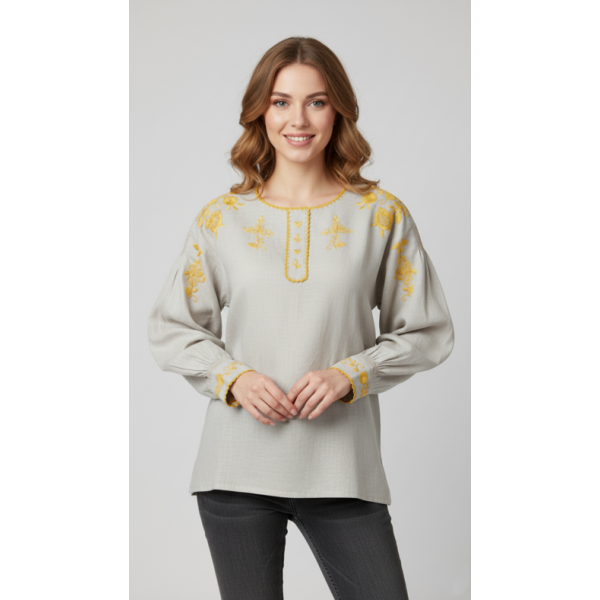 CAMISA VIANESA LINHO BEGE BORDADO DOURADO