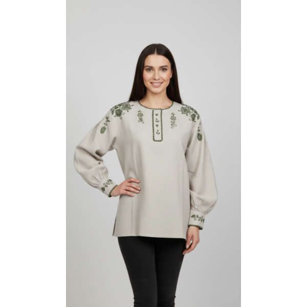 CAMISA VIANESA LINHO BEGE BORDADO VERDE ESCURO