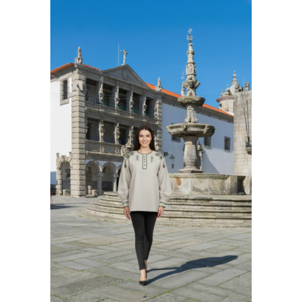 CAMISA VIANESA LINHO BEGE BORDADO VERDE ESCURO