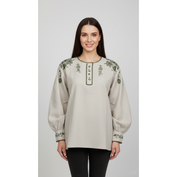 CAMISA VIANESA LINHO BEGE BORDADO VERDE ESCURO