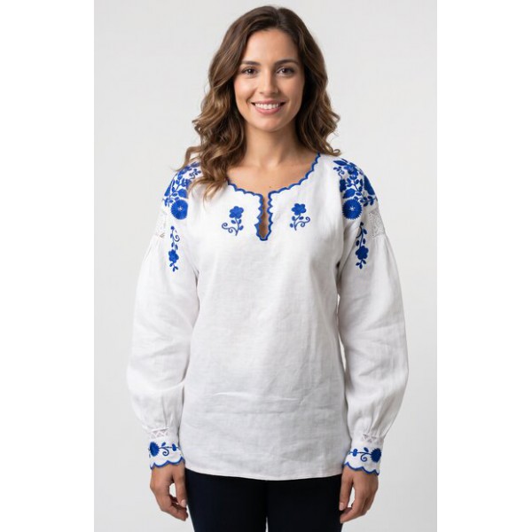 CAMISA VIANESA LINHO COM RECORTES BORDADO RICO AZU...