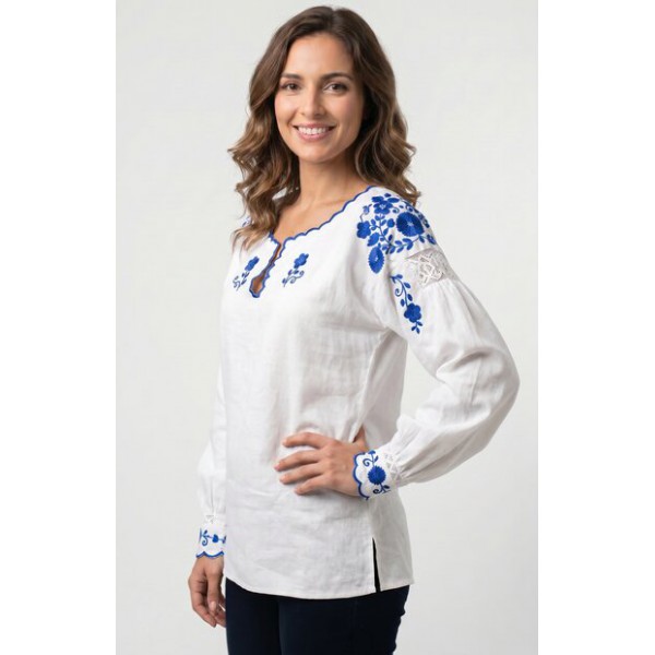 CAMISA VIANESA LINHO COM RECORTES BORDADO RICO AZUL