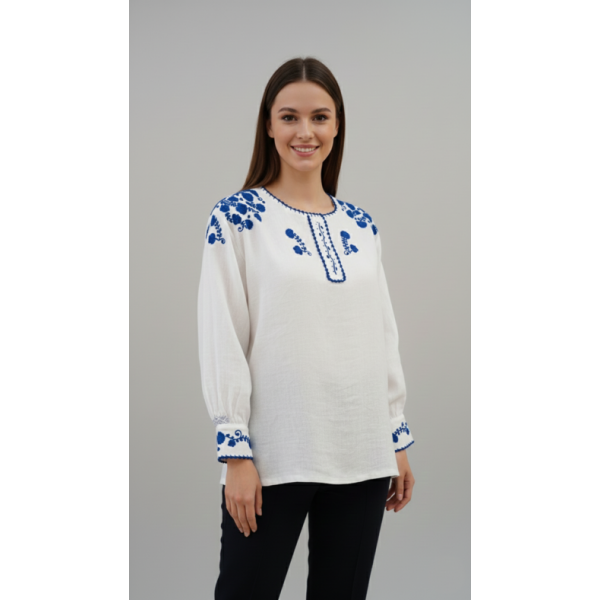 CAMISA VIANESA LINHO BORDADO RICO AZUL