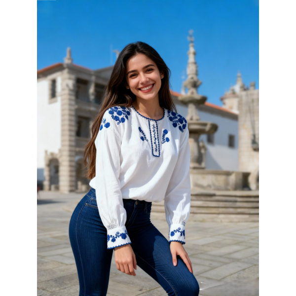 CAMISA VIANESA LINHO BORDADO RICO AZUL