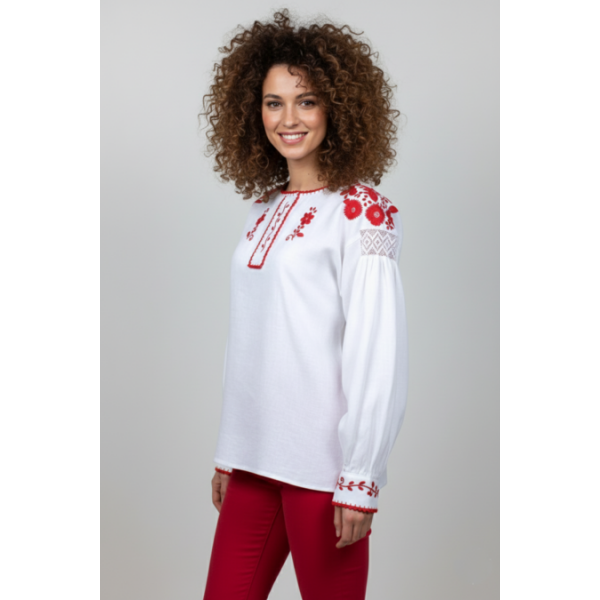 CAMISA VIANESA LINHO BORDADO A VERMELHO