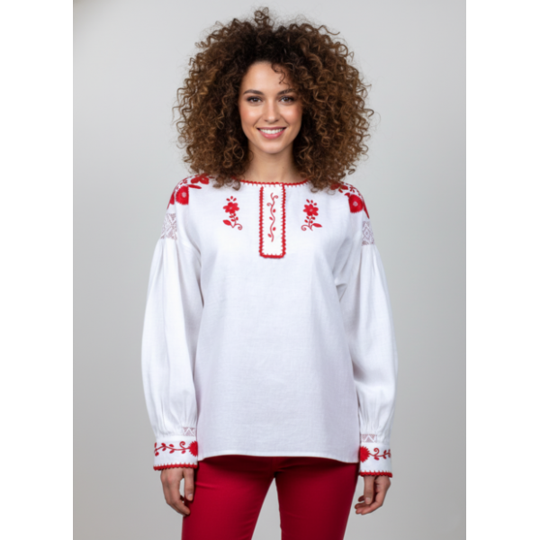 CAMISA VIANESA LINHO BORDADO A VERMELHO