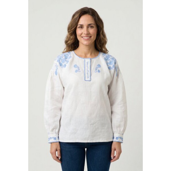 CAMISA VIANESA LINHO BORDADO RICO AZUL CLARO