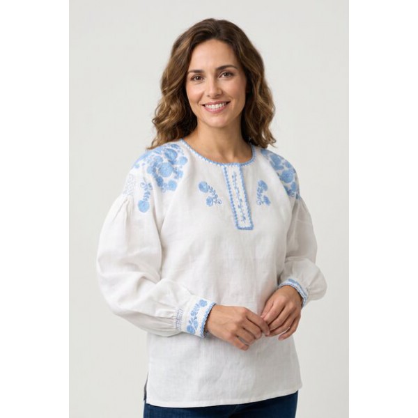 CAMISA VIANESA LINHO BORDADO RICO AZUL CLARO