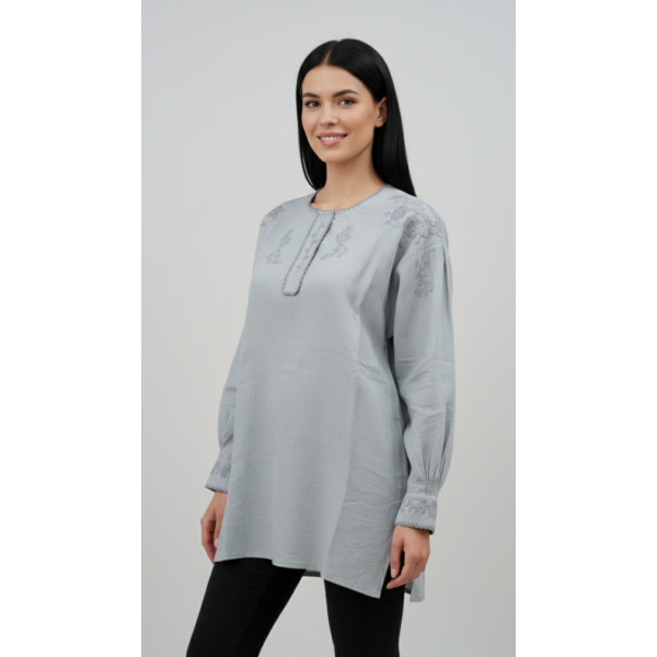 CAMISA VIANESA LINHO CINZENTO BORDADO CINZA