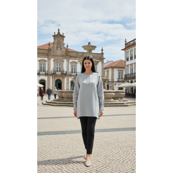 CAMISA VIANESA LINHO CINZENTO BORDADO CINZA