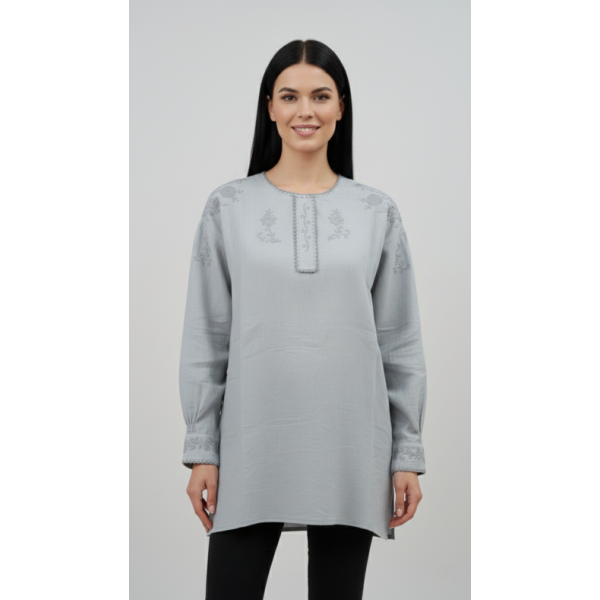 CAMISA VIANESA LINHO CINZENTO BORDADO CINZA