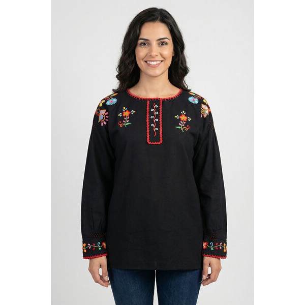 CAMISA VIANESA LINHO PRETO BORDADO A CORES
