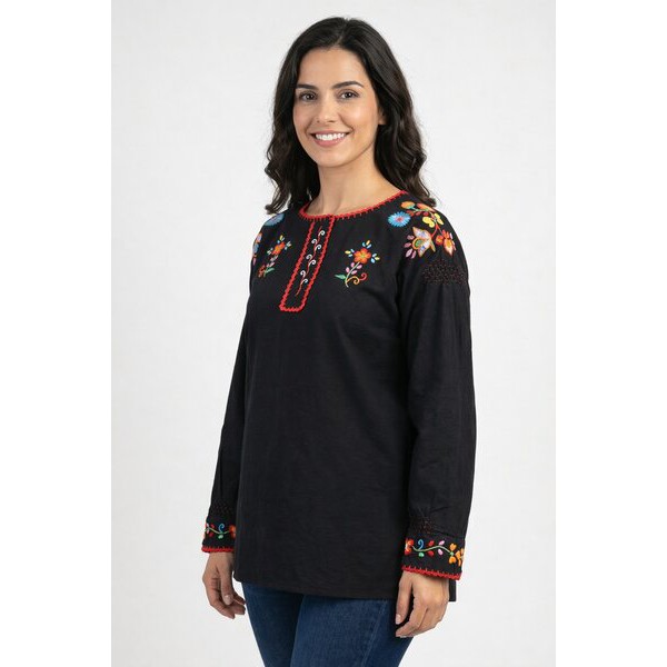 CAMISA VIANESA LINHO PRETO BORDADO A CORES