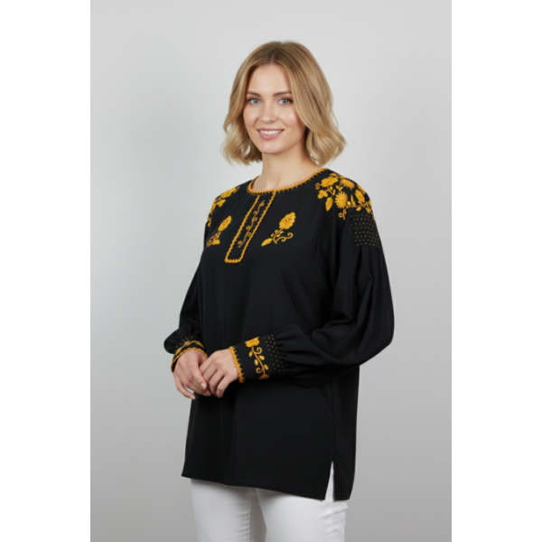 CAMISA VIANESA LINHO PRETO BORDADO DOURADO