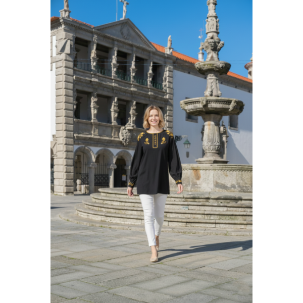 CAMISA VIANESA LINHO PRETO BORDADO DOURADO