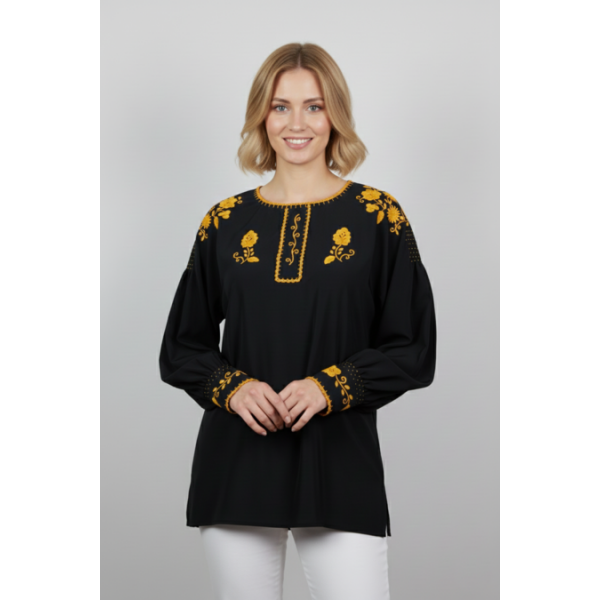 CAMISA VIANESA LINHO PRETO BORDADO DOURADO