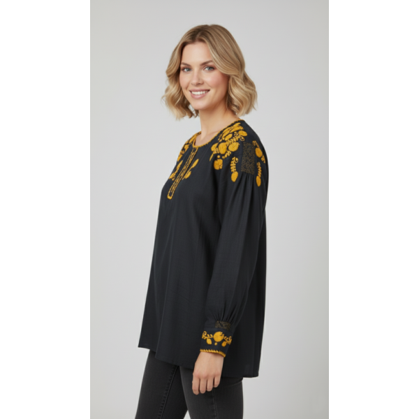 CAMISA VIANESA LINHO PRETO BORDADO RICO DOURADO