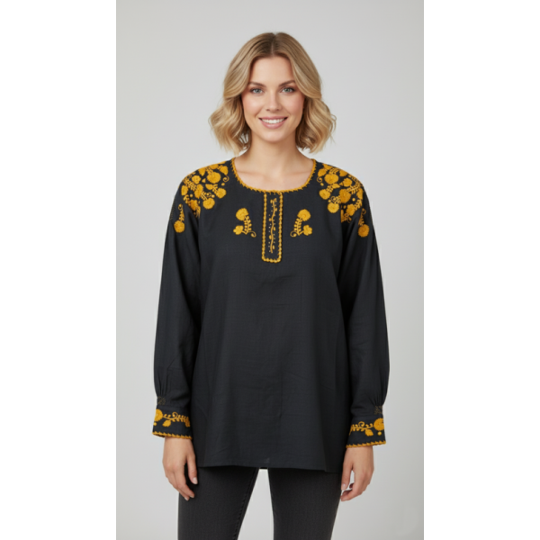 CAMISA VIANESA LINHO PRETO BORDADO RICO DOURADO