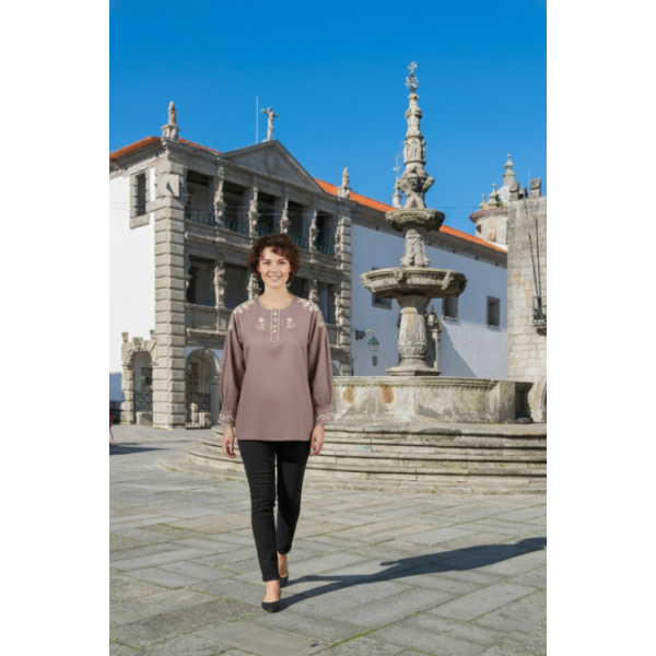 CAMISA VIANESA LINHO ROSA VELHO BORDADO BEGE