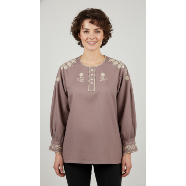 CAMISA VIANESA LINHO ROSA VELHO BORDADO BEGE