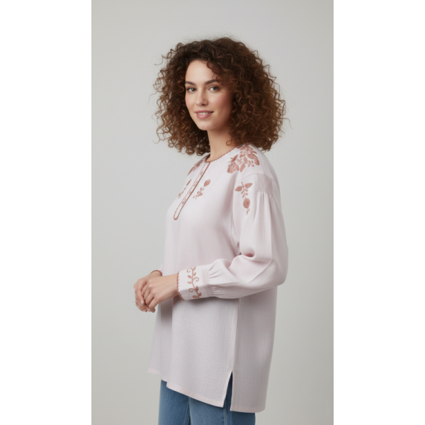 CAMISA VIANESA LINHO SALMÃO BORDADO TERRACOTA ROSADO