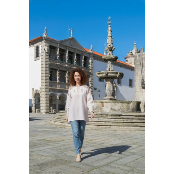 CAMISA VIANESA LINHO SALMÃO BORDADO TERRACOTA ROSADO