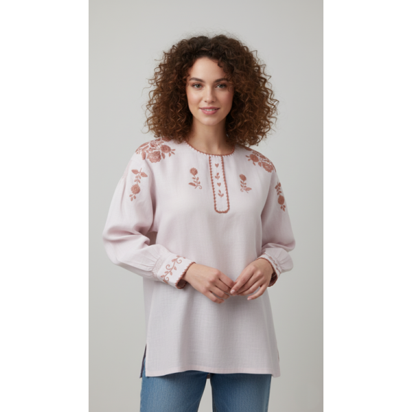 CAMISA VIANESA LINHO SALMÃO BORDADO TERRACOTA ROS...