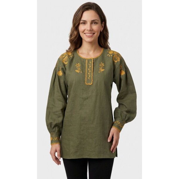 CAMISA VIANESA LINHO VERDE TROPA BORDADO DOURADO