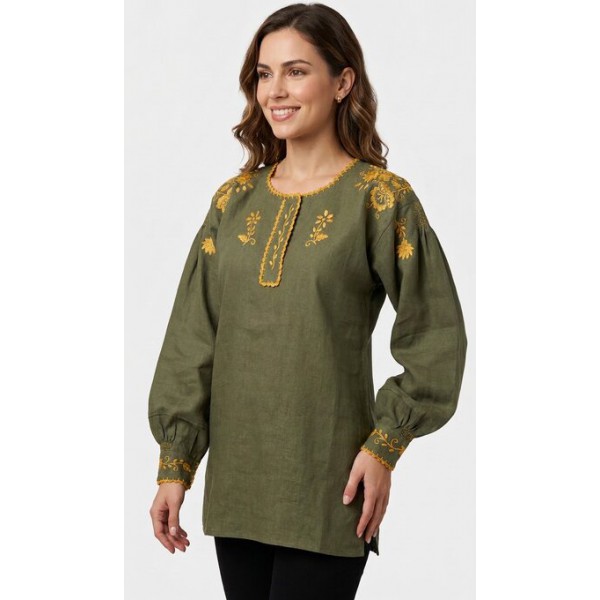 CAMISA VIANESA LINHO VERDE TROPA BORDADO DOURADO