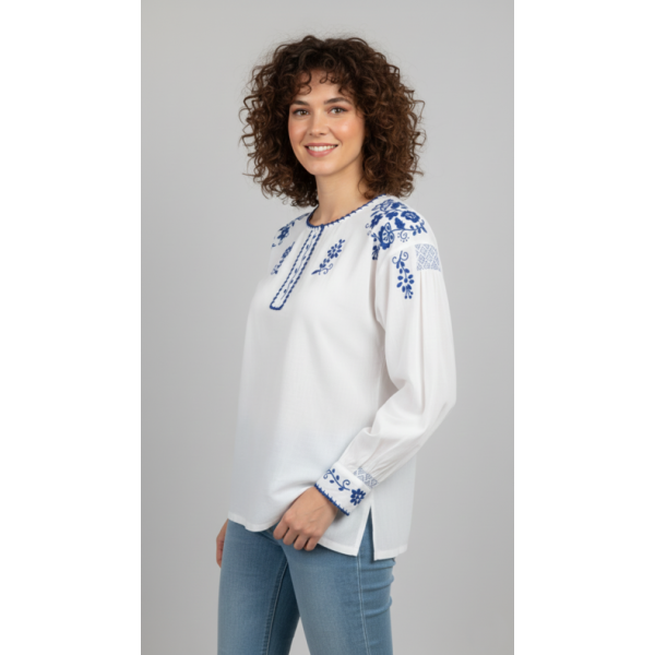 CAMISA VIANESA MEIO LINHO BORDADO AZUL