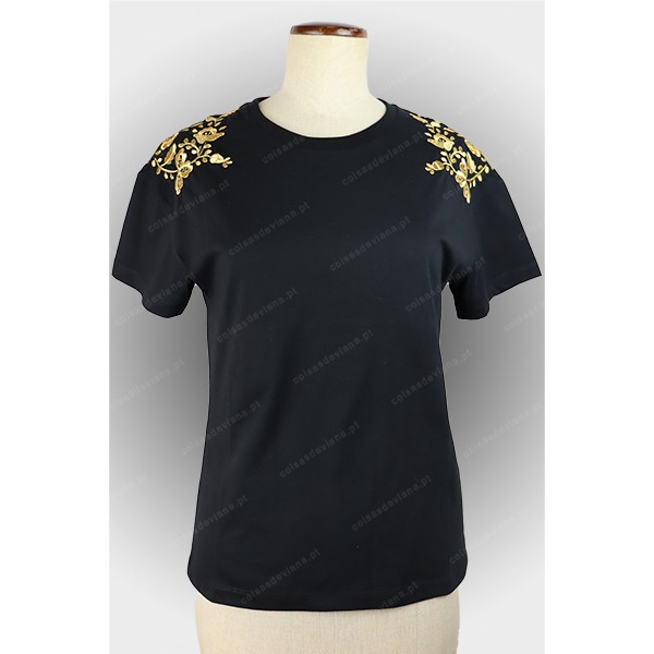 BLACK T-SHIRT WITH GOLD VIANA EMBROIDERY BY MACHIN...