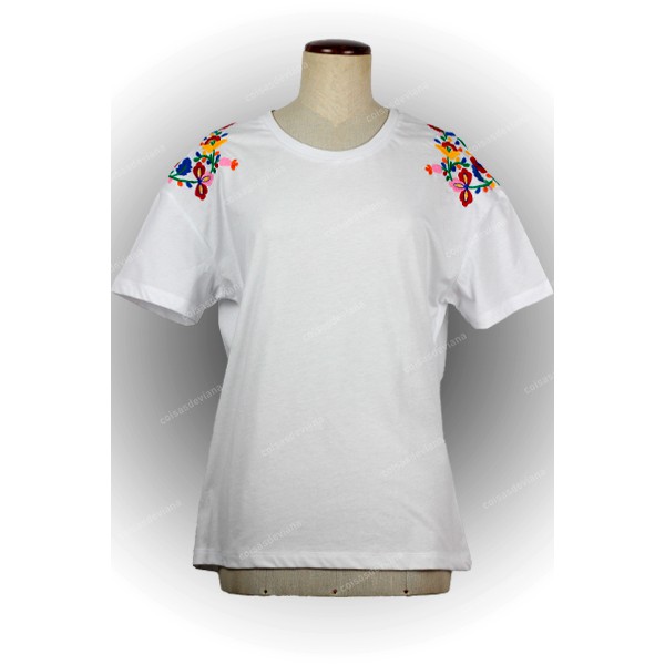 WHITE T-SHIRT WITH MULTICOLOUR VIANA EMBROIDERY BY MACHINE