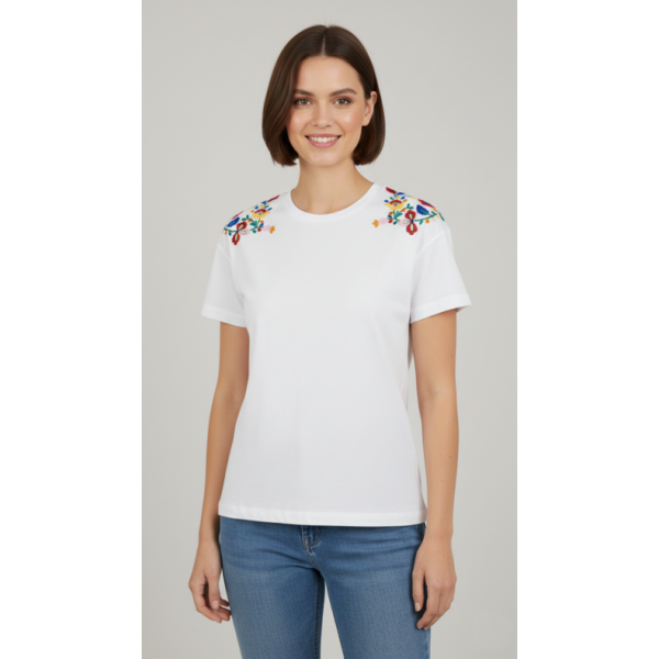 T-SHIRT BRANCA BORDADO VIANA MULTICORES MÁQUINA