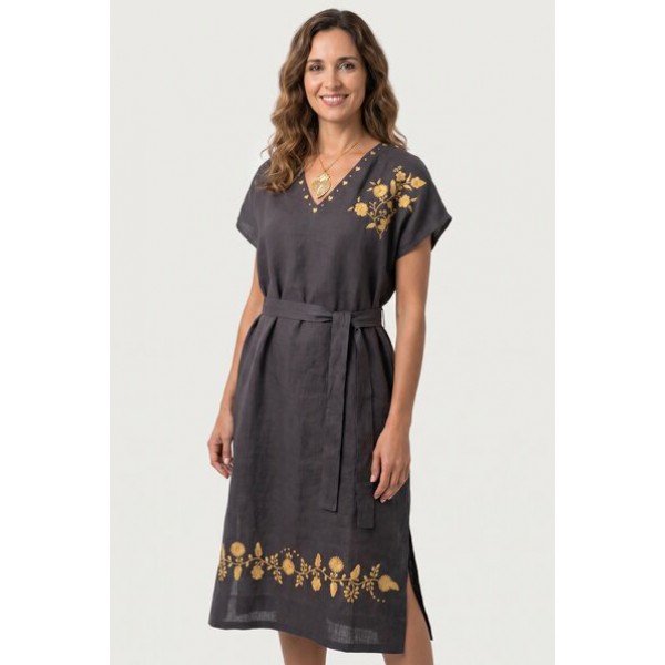 VESTIDO LINHO CINZA ESCURO COM BORDADO VIANA (MOST...