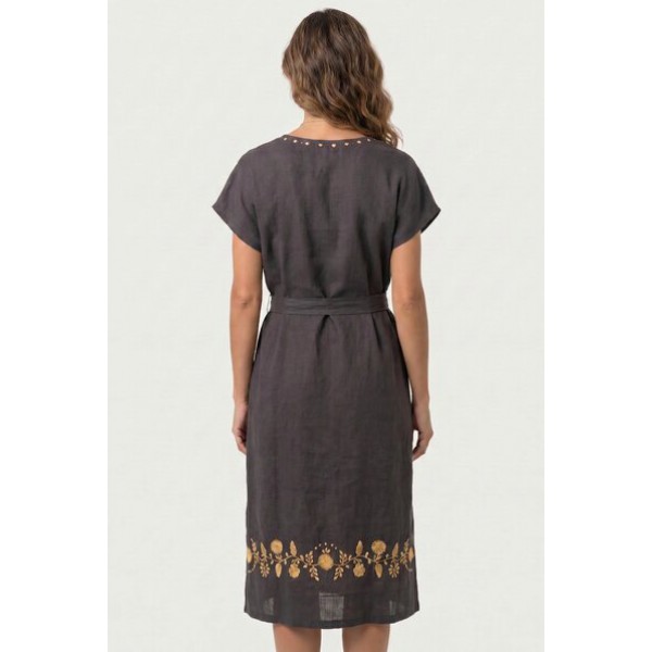 VESTIDO LINHO CINZA ESCURO COM BORDADO VIANA (MOSTARDA)
