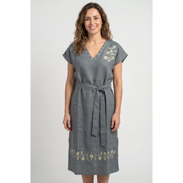 VESTIDO LINHO CINZA ANTRACITE COM BORDADO VIANA (V...