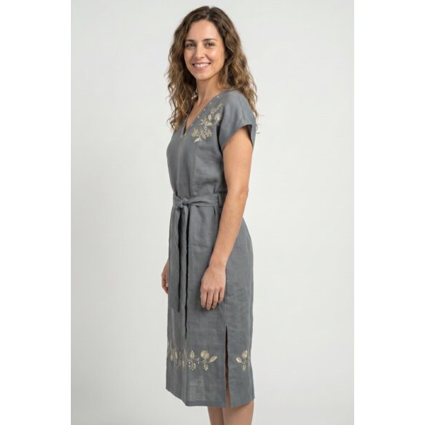 VESTIDO LINHO CINZA ANTRACITE COM BORDADO VIANA (VERDE PISTACHE PÁLIDO)